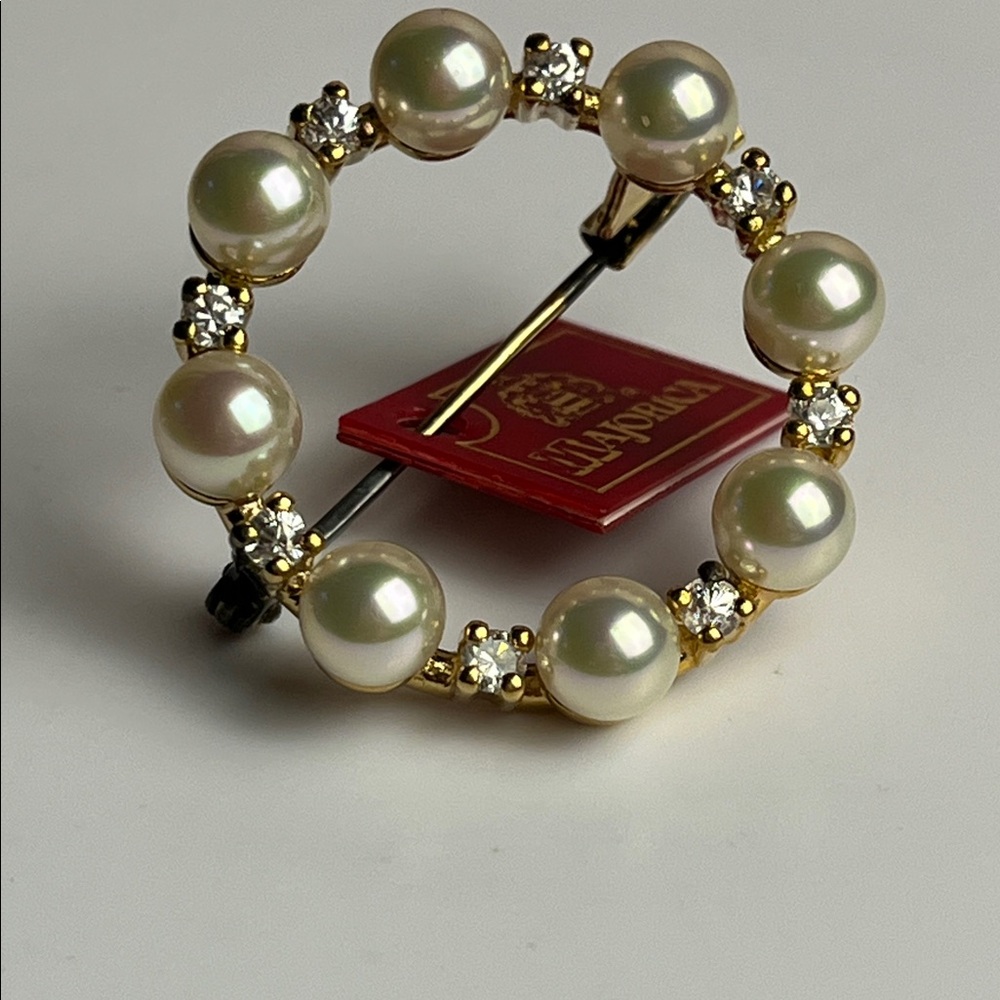 Majorica Sterling Silver 925 18k Gold Plated Faux Pearl & Cubic Zirconia Brooch